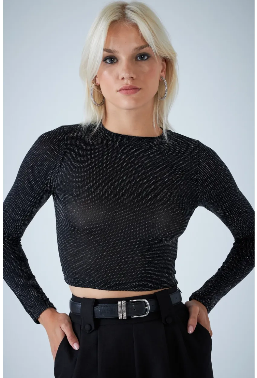 Kadın Siyah Sırt Dekolteli Parlak Bluz ELT184