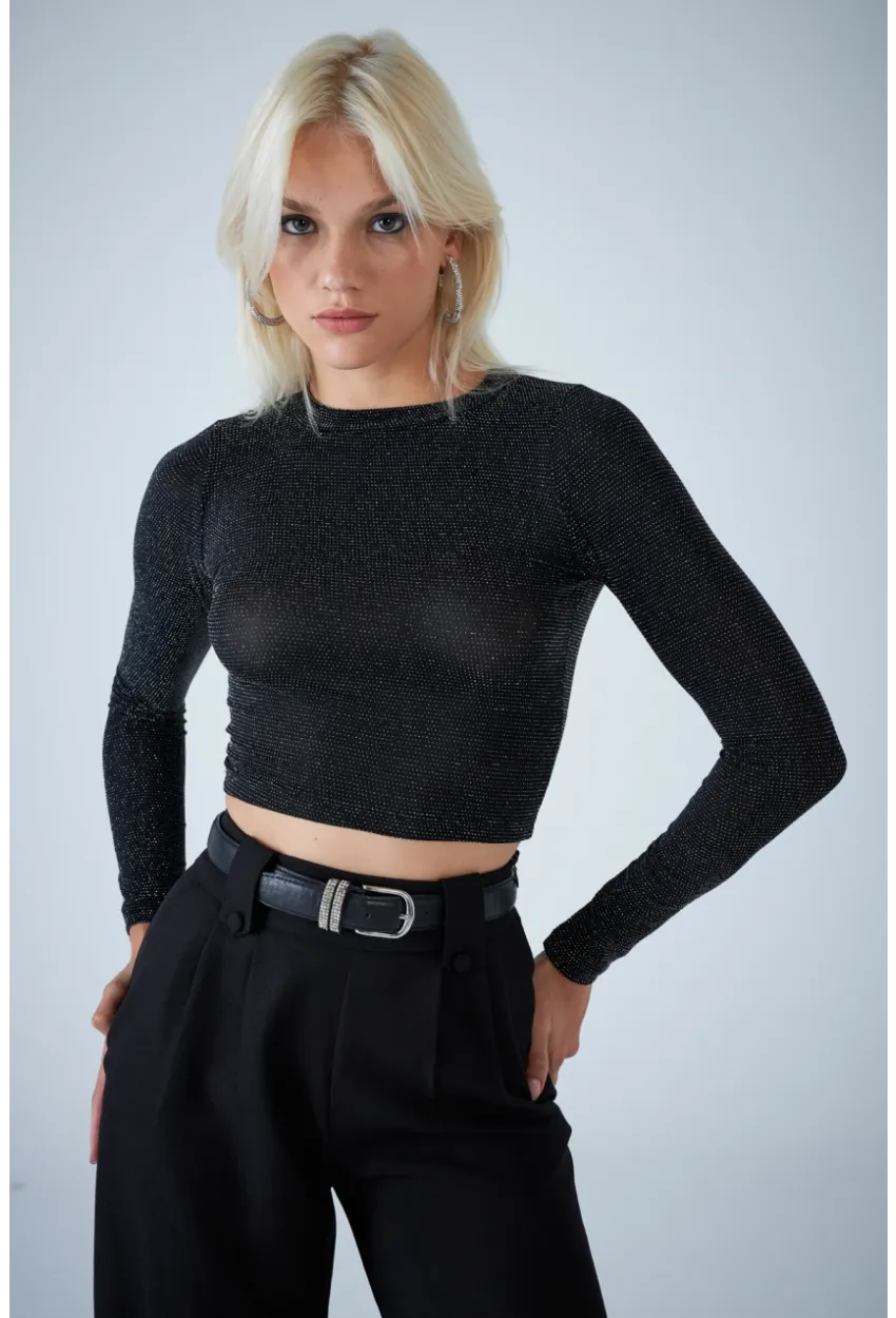 Kadın Siyah Sırt Dekolteli Parlak Bluz ELT184