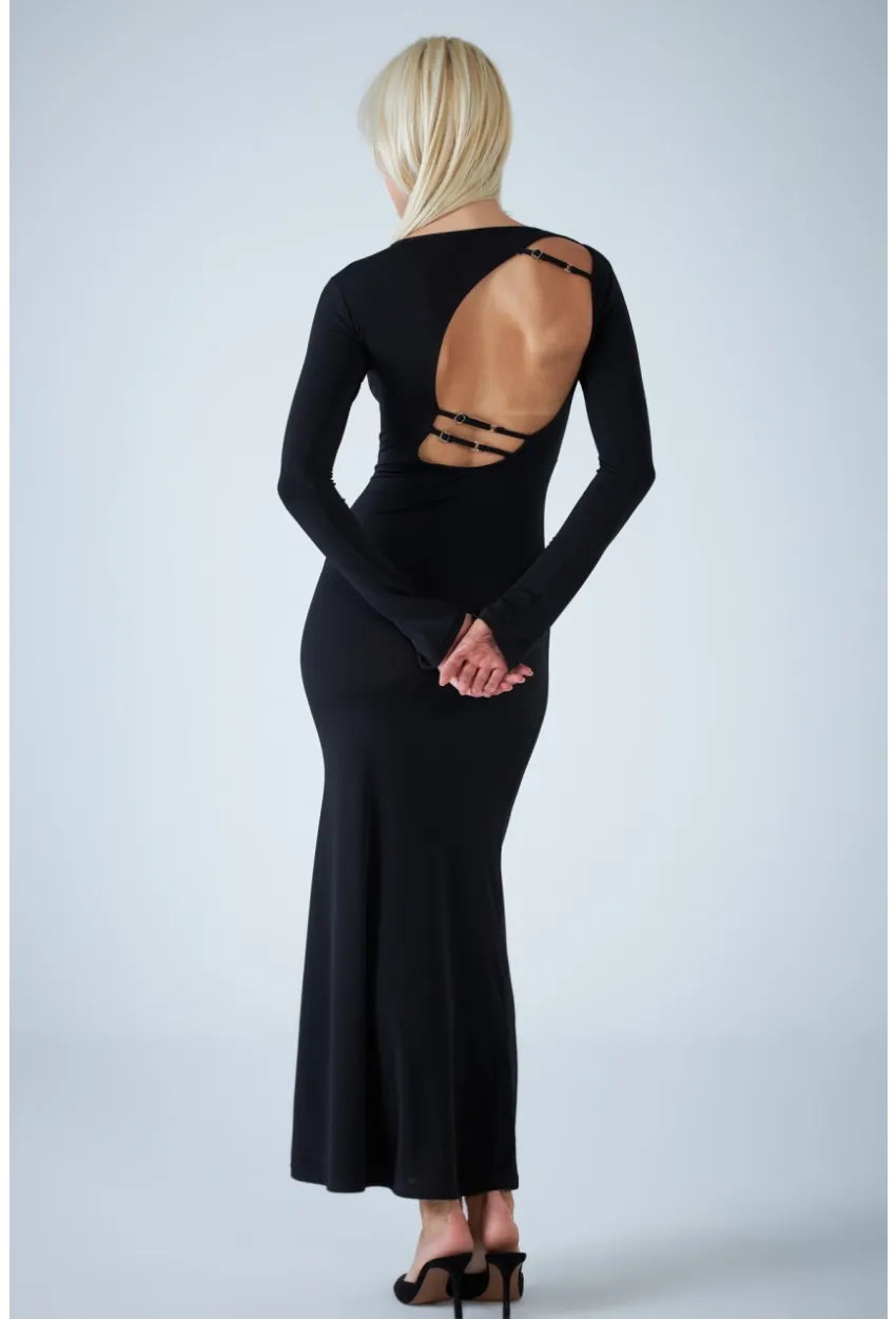 Kadın Siyah Sırt Detaylı Maxi Elbise HO58