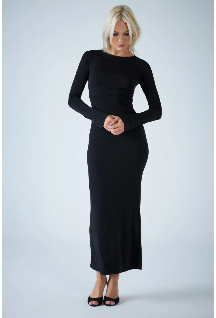 Kadın Siyah Sırt Detaylı Maxi Elbise HO58