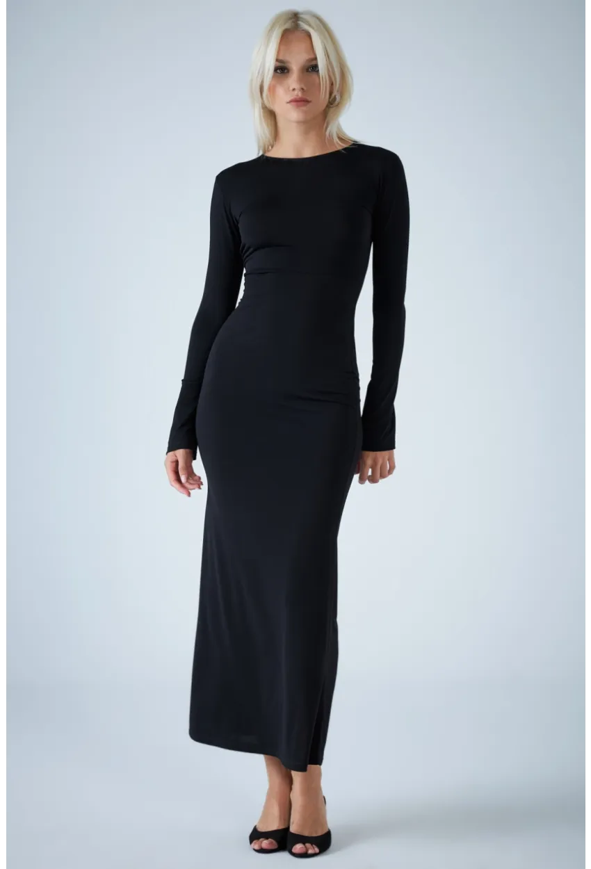 Kadın Siyah Sırt Detaylı Maxi Elbise HO58