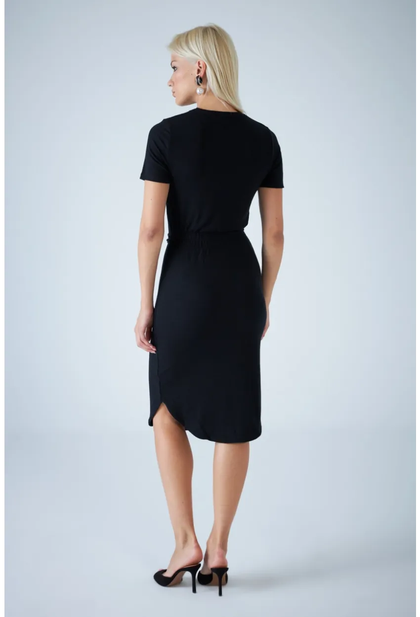Kadın Siyah Sırt Lastikli Bağlamalı Midi Elbise LPP1316