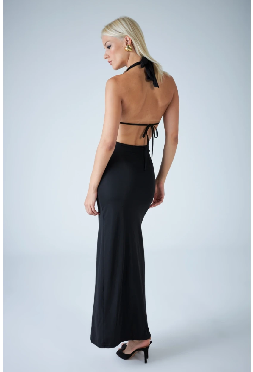 Kadın Siyah Sırtı Açık Midi Elbise DCF130