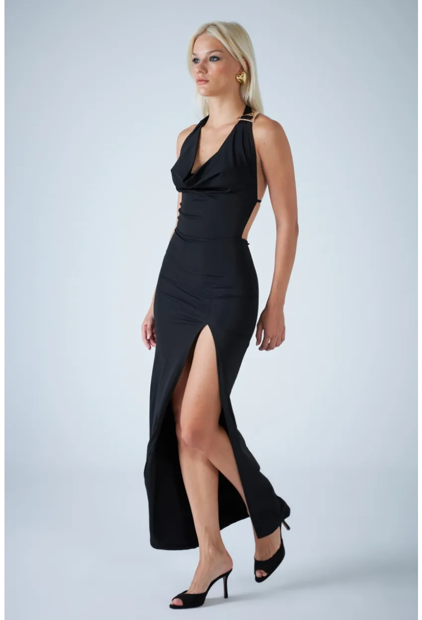 Kadın Siyah Sırtı Açık Midi Elbise DCF130