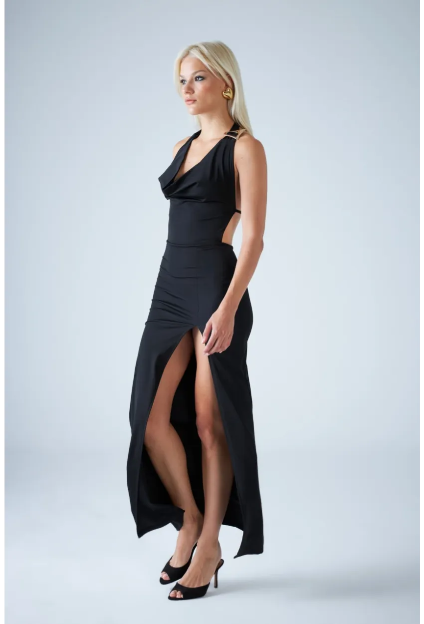 Kadın Siyah Sırtı Açık Midi Elbise DCF130