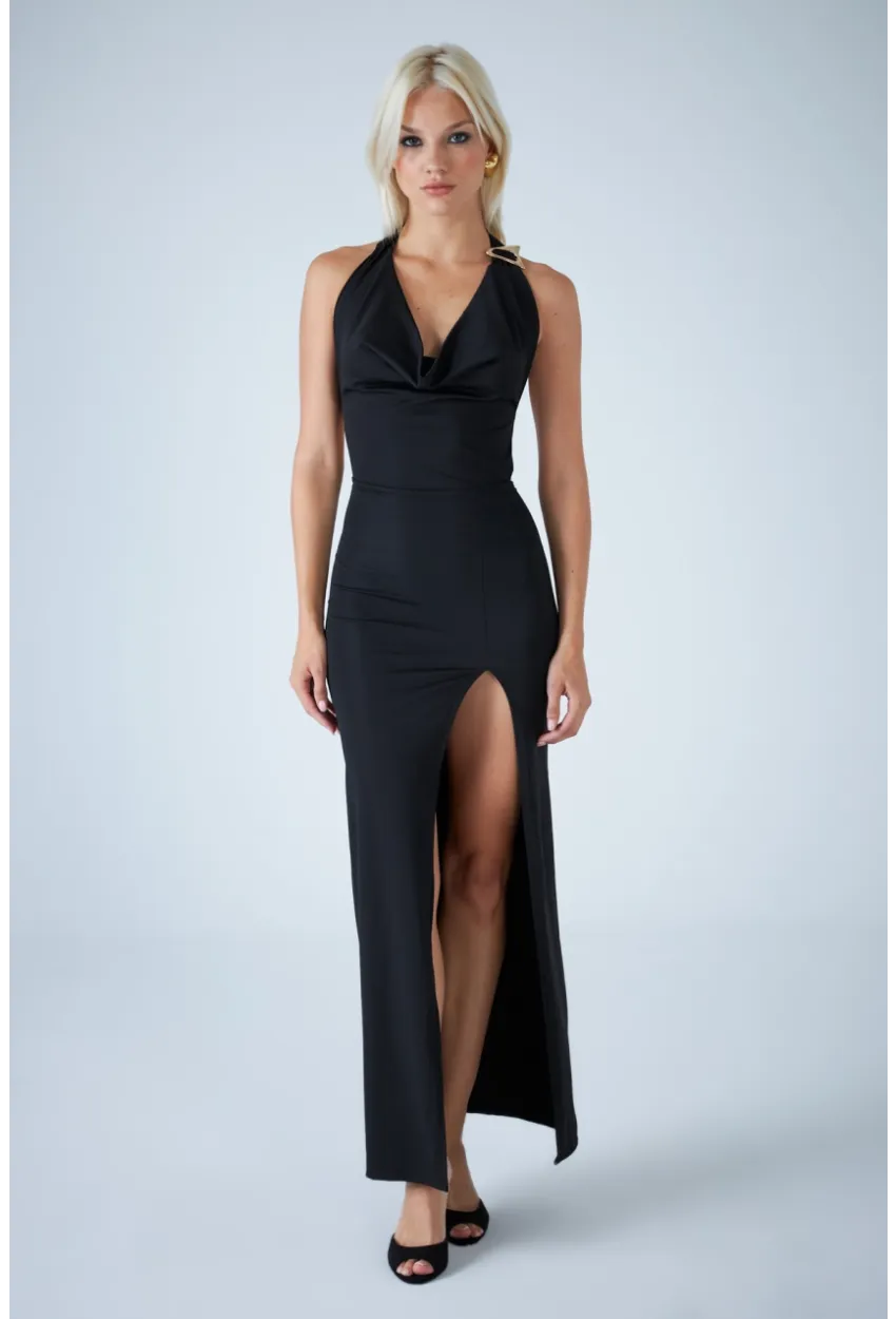 Kadın Siyah Sırtı Açık Midi Elbise DCF130