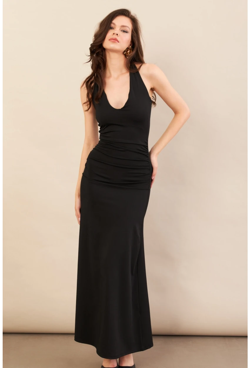 Kadın Siyah Sırtı Açık Boyun Bağlamalı Maxi Elbise DCF061