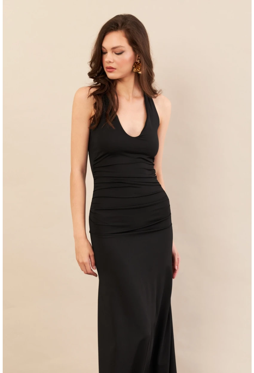 Kadın Siyah Sırtı Açık Boyun Bağlamalı Maxi Elbise DCF061