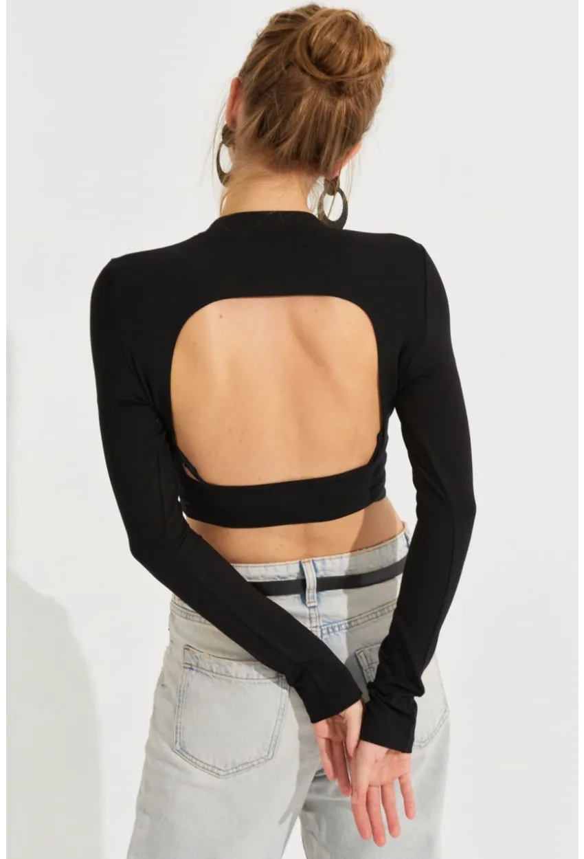 Kadın Siyah Sırtı Açık Crop Bluz B3072