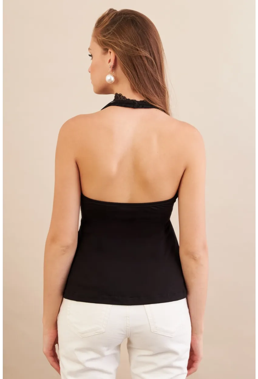 Kadın Siyah Sırtı Açık Dantel Detaylı Bluz EY3117