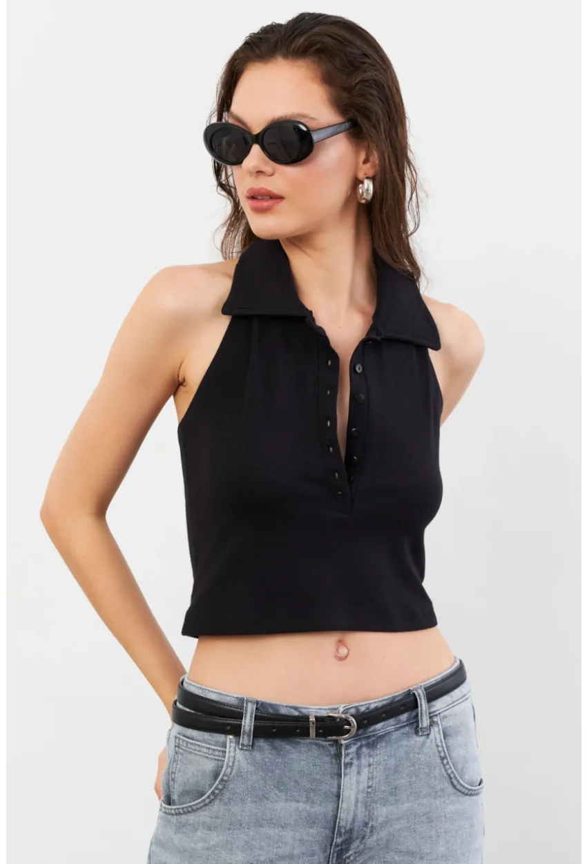 Kadın Siyah Sırtı Açık Düğmeli Bluz LPP1246-90