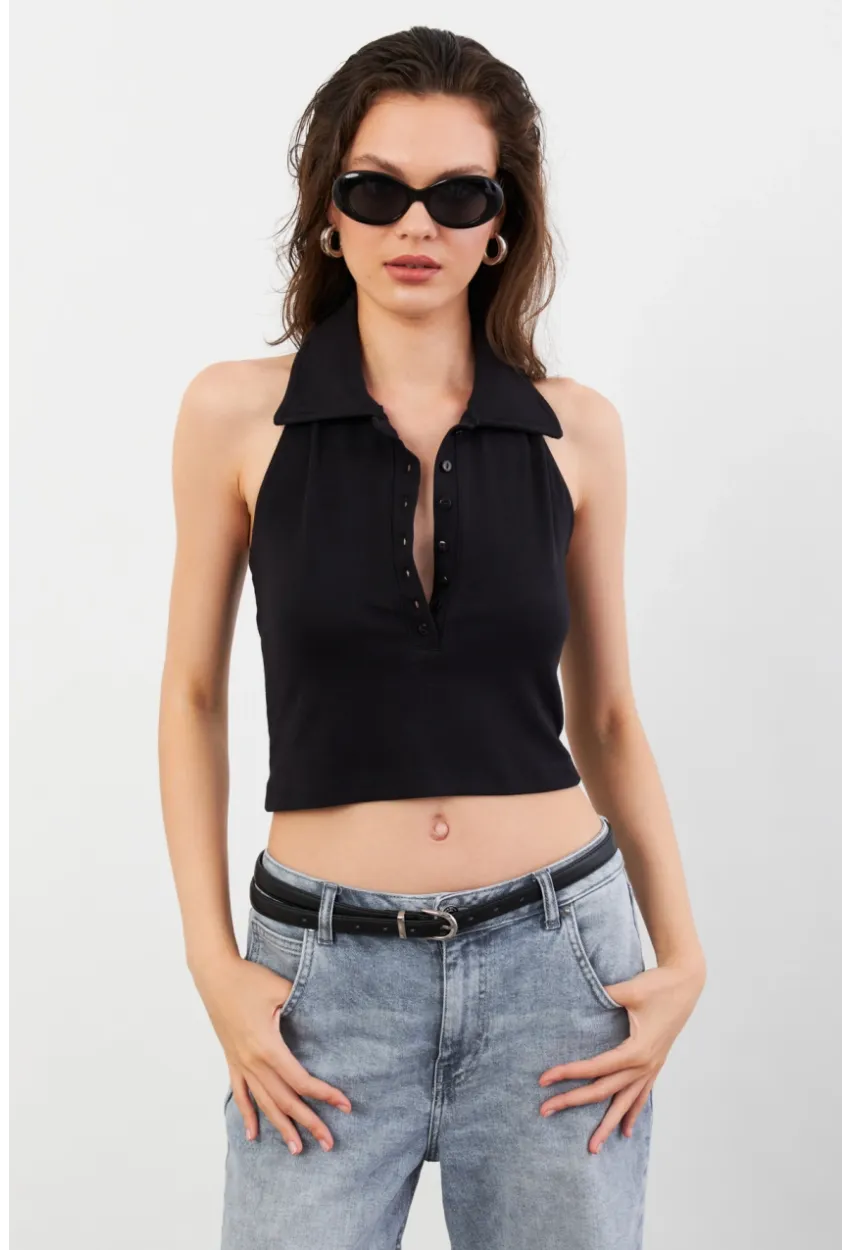 Kadın Siyah Sırtı Açık Düğmeli Bluz LPP1246-90