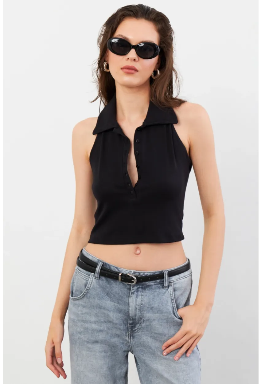 Kadın Siyah Sırtı Açık Düğmeli Bluz LPP1246-90