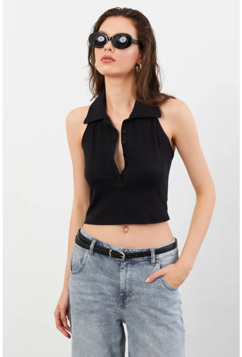 Kadın Siyah Sırtı Açık Düğmeli Bluz LPP1246-90