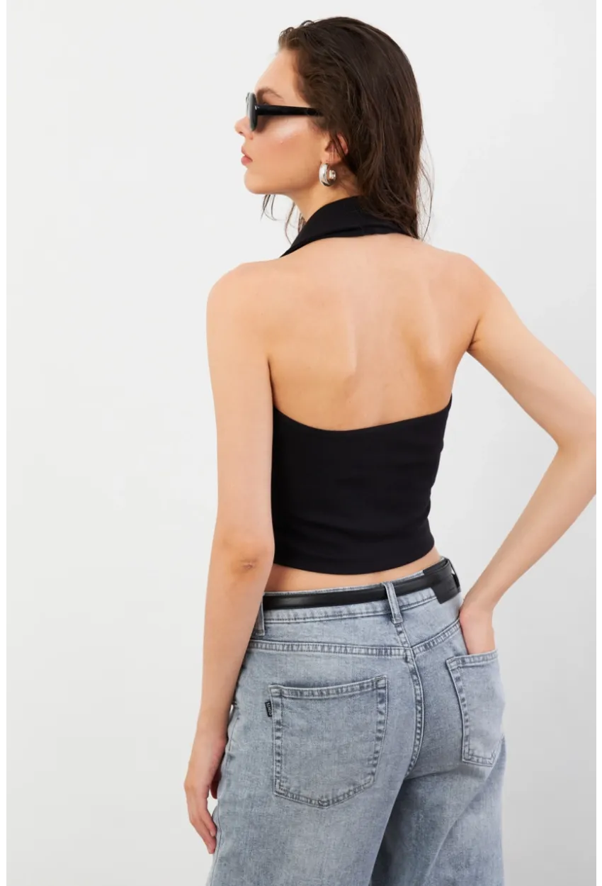 Kadın Siyah Sırtı Açık Düğmeli Bluz LPP1246-90