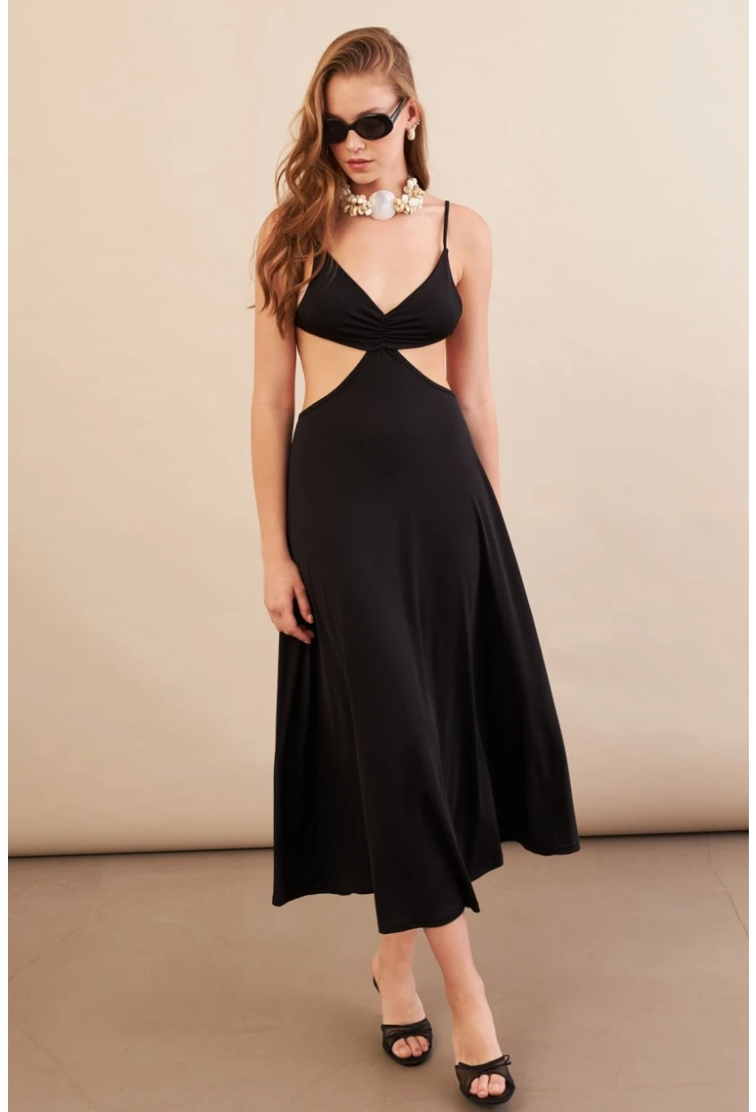 Kadın Siyah Sırtı Açık Halter Yaka Midi Elbise AN7036