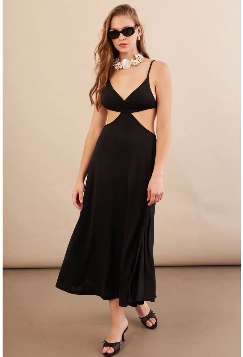 Kadın Siyah Sırtı Açık Halter Yaka Midi Elbise AN7036
