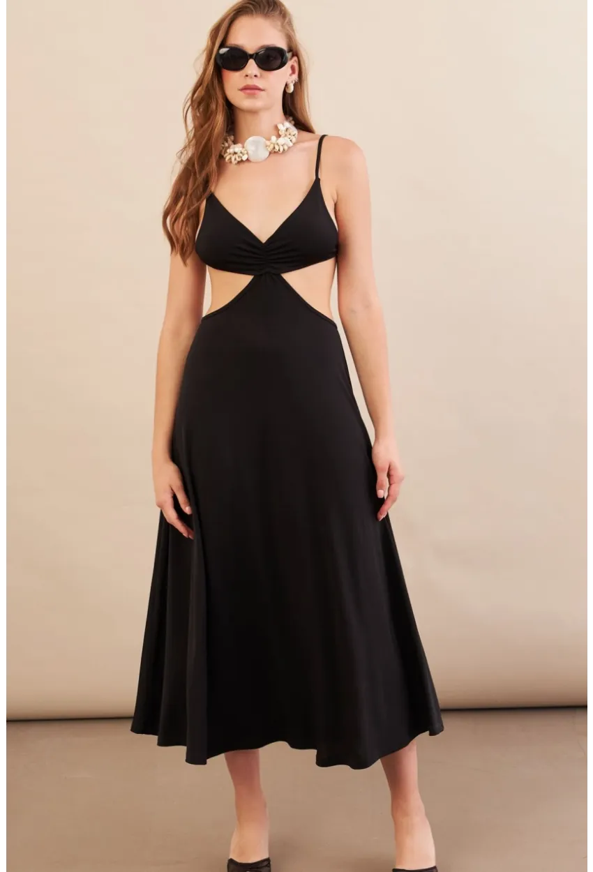 Kadın Siyah Sırtı Açık Halter Yaka Midi Elbise AN7036