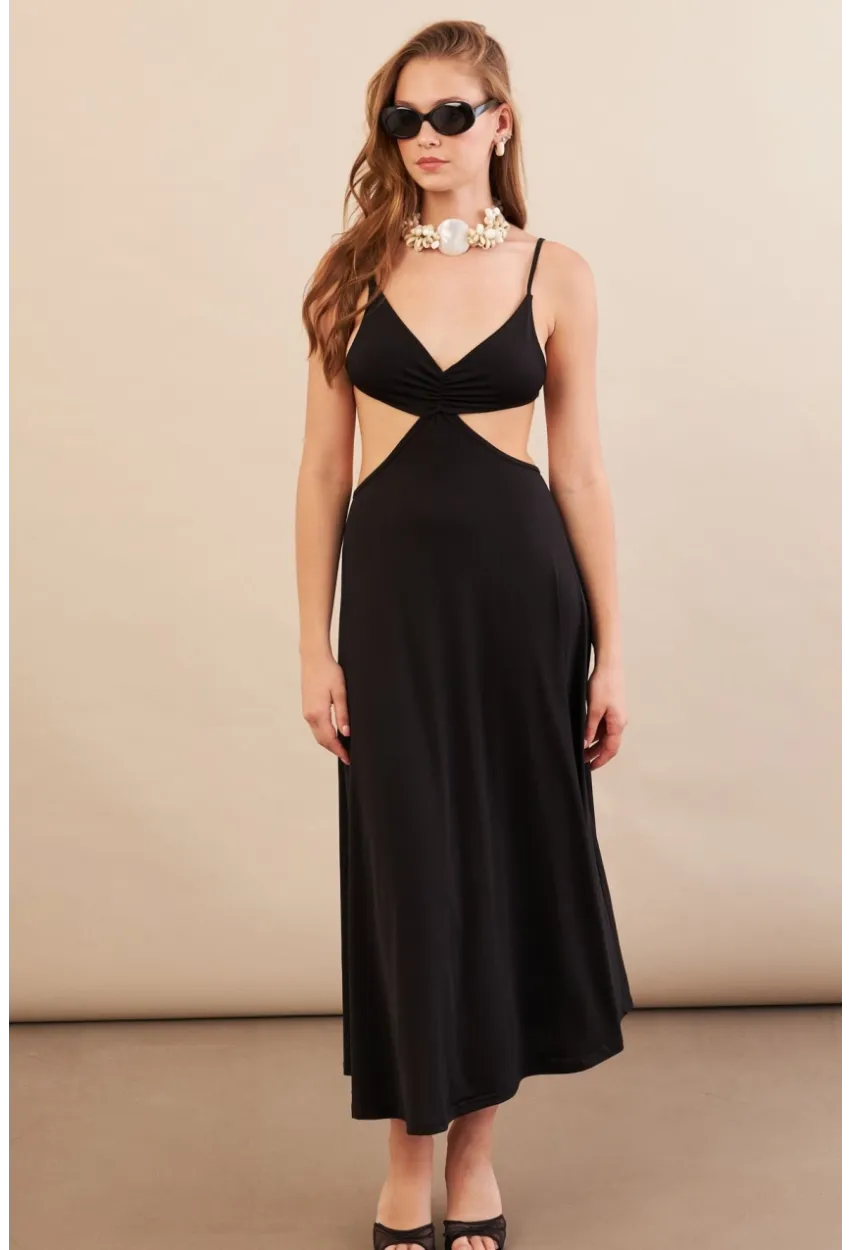 Kadın Siyah Sırtı Açık Halter Yaka Midi Elbise AN7036
