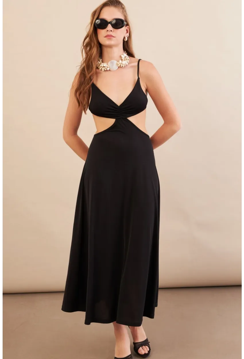 Kadın Siyah Sırtı Açık Halter Yaka Midi Elbise AN7036
