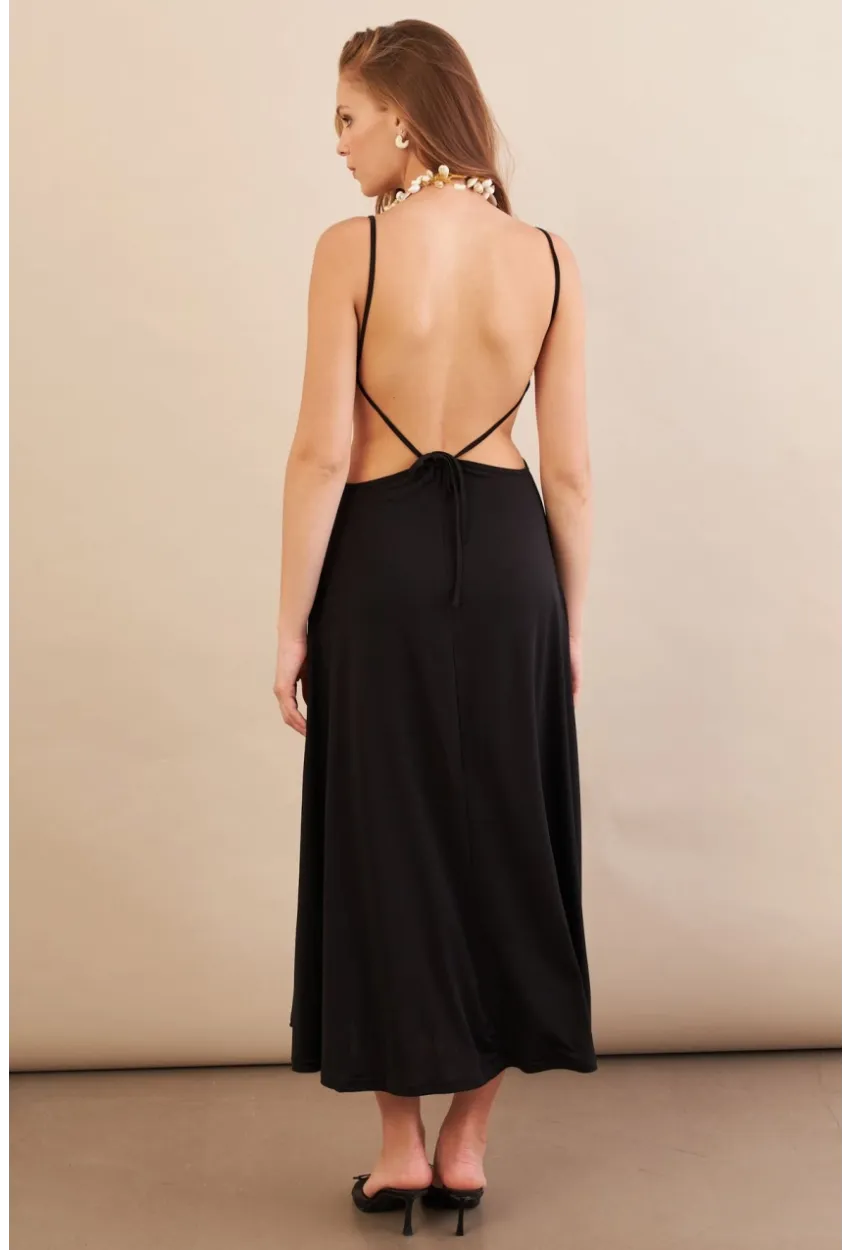 Kadın Siyah Sırtı Açık Halter Yaka Midi Elbise AN7036