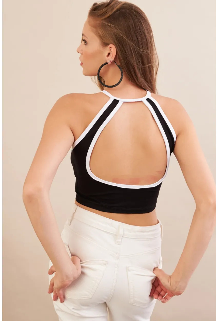 Kadın Siyah Sırtı Açık Kontrast Crop Bluz EY3118