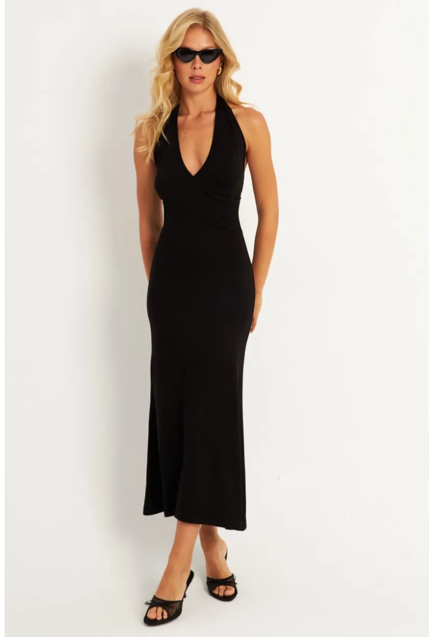 Kadın Siyah Sırtı Açık Kruvaze Midi Elbise EY2841