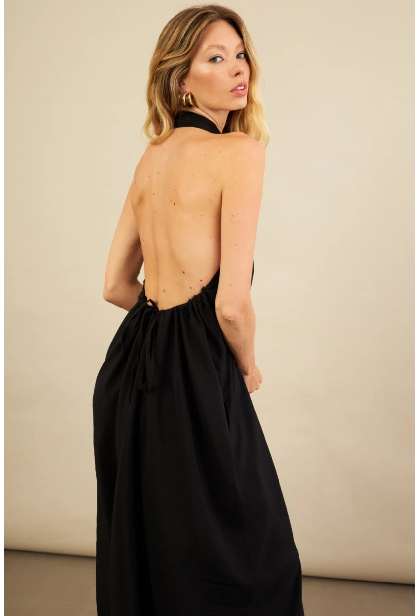 Kadın Siyah Sırtı Açık Maxi Gömlek Elbise ELN3132