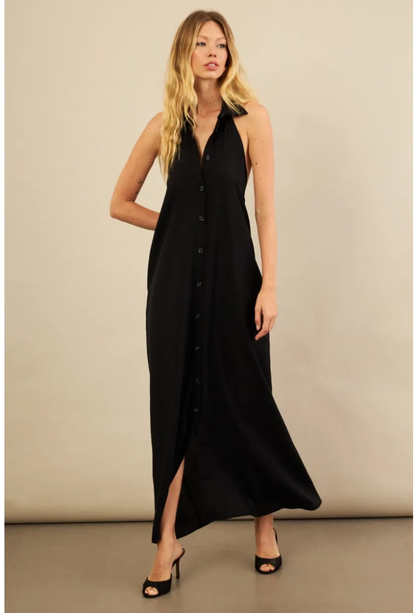 Kadın Siyah Sırtı Açık Maxi Gömlek Elbise ELN3132