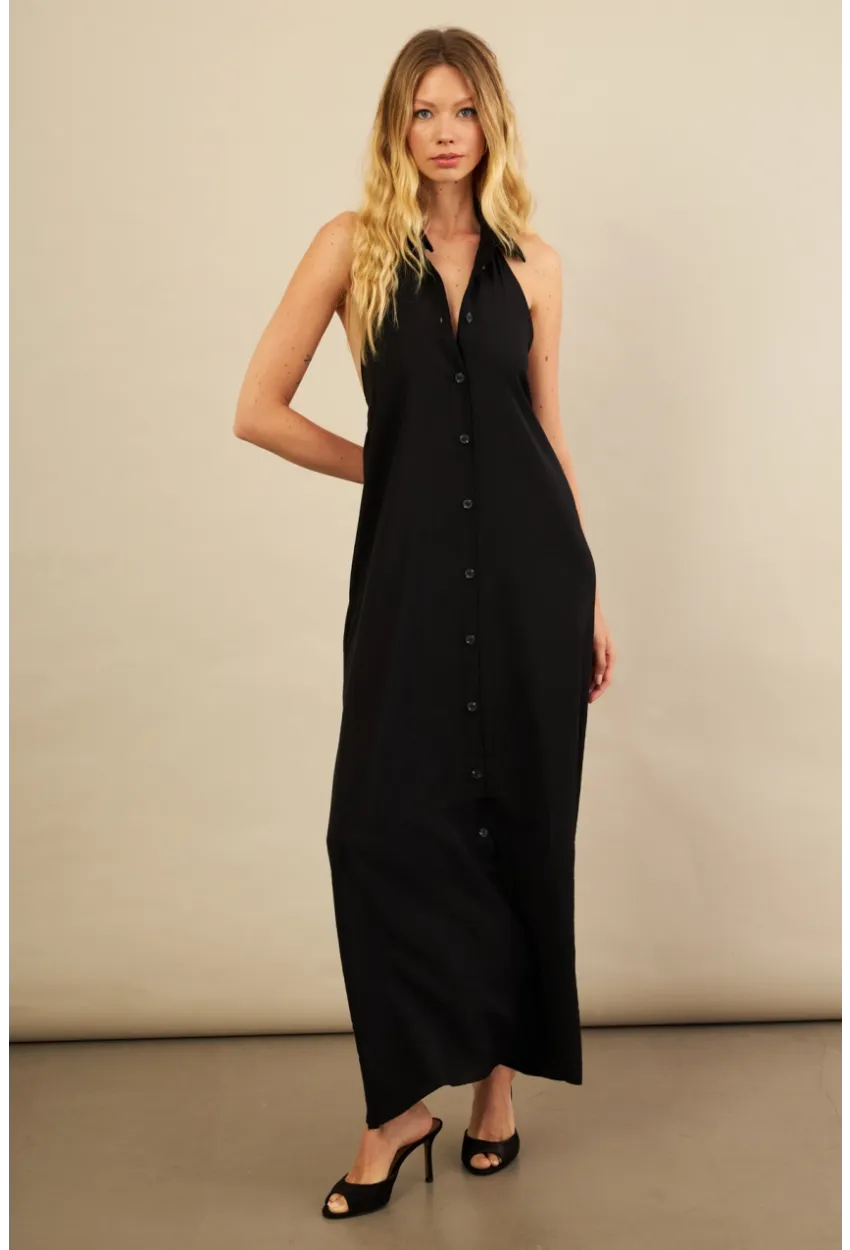 Kadın Siyah Sırtı Açık Maxi Gömlek Elbise ELN3132