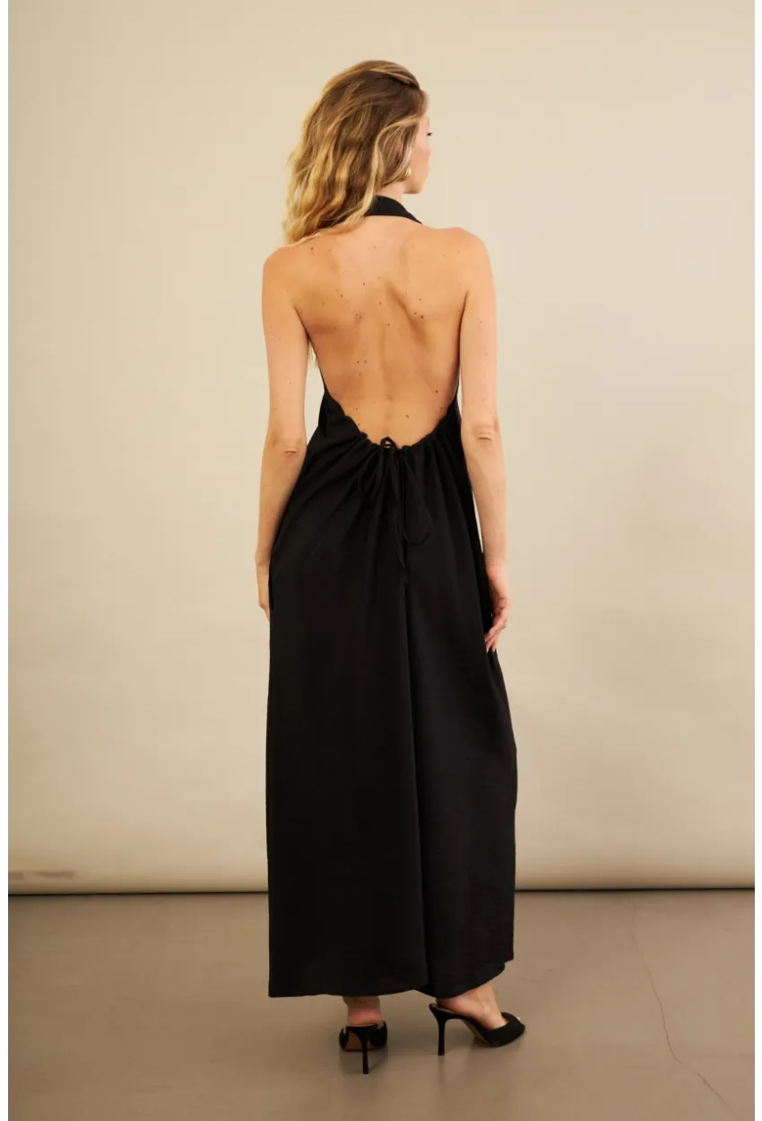 Kadın Siyah Sırtı Açık Maxi Gömlek Elbise ELN3132