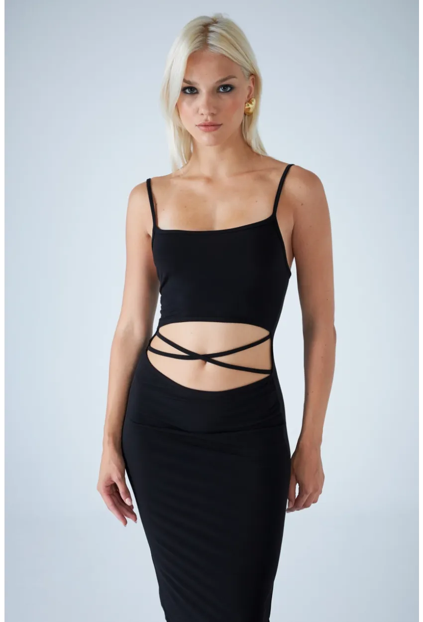 Kadın Siyah Sırtı Açık Pencereli Midi Elbise CEL001