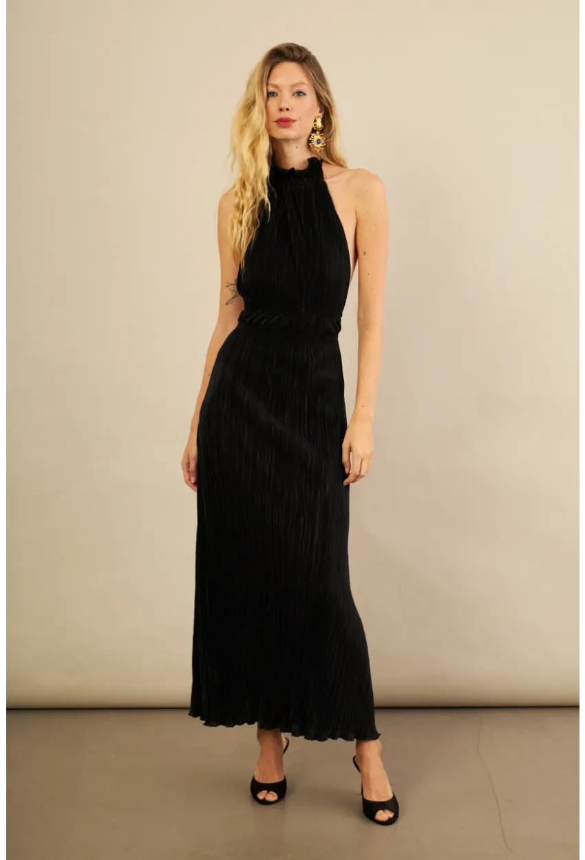 Kadın Siyah Sırtı Açık Piliseli Maxi Elbise YEL221664