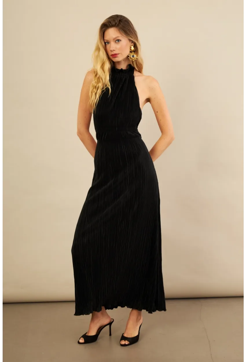Kadın Siyah Sırtı Açık Piliseli Maxi Elbise YEL221664