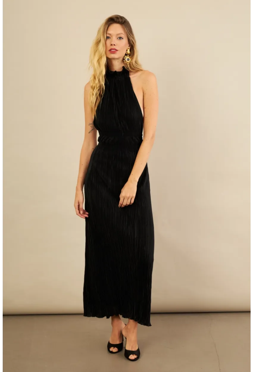 Kadın Siyah Sırtı Açık Piliseli Maxi Elbise YEL221664
