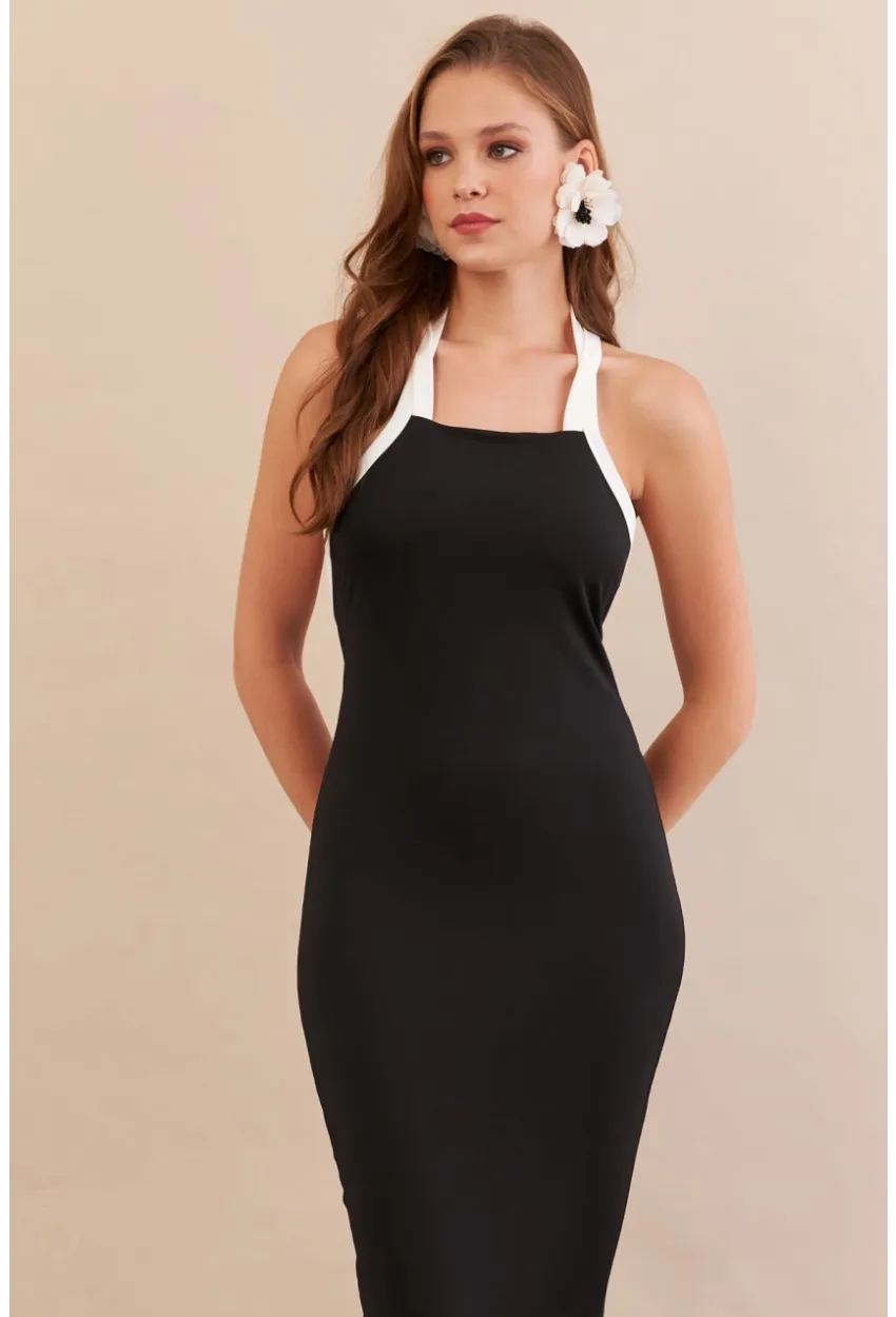 Kadın Siyah Sırtı Çapraz Askılı Midi Elbise AN8126