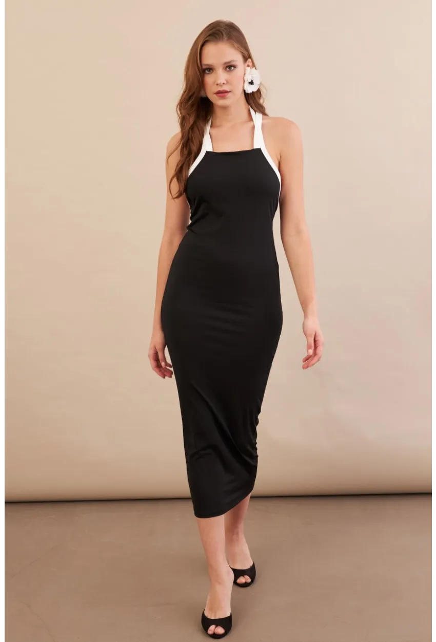 Kadın Siyah Sırtı Çapraz Askılı Midi Elbise AN8126