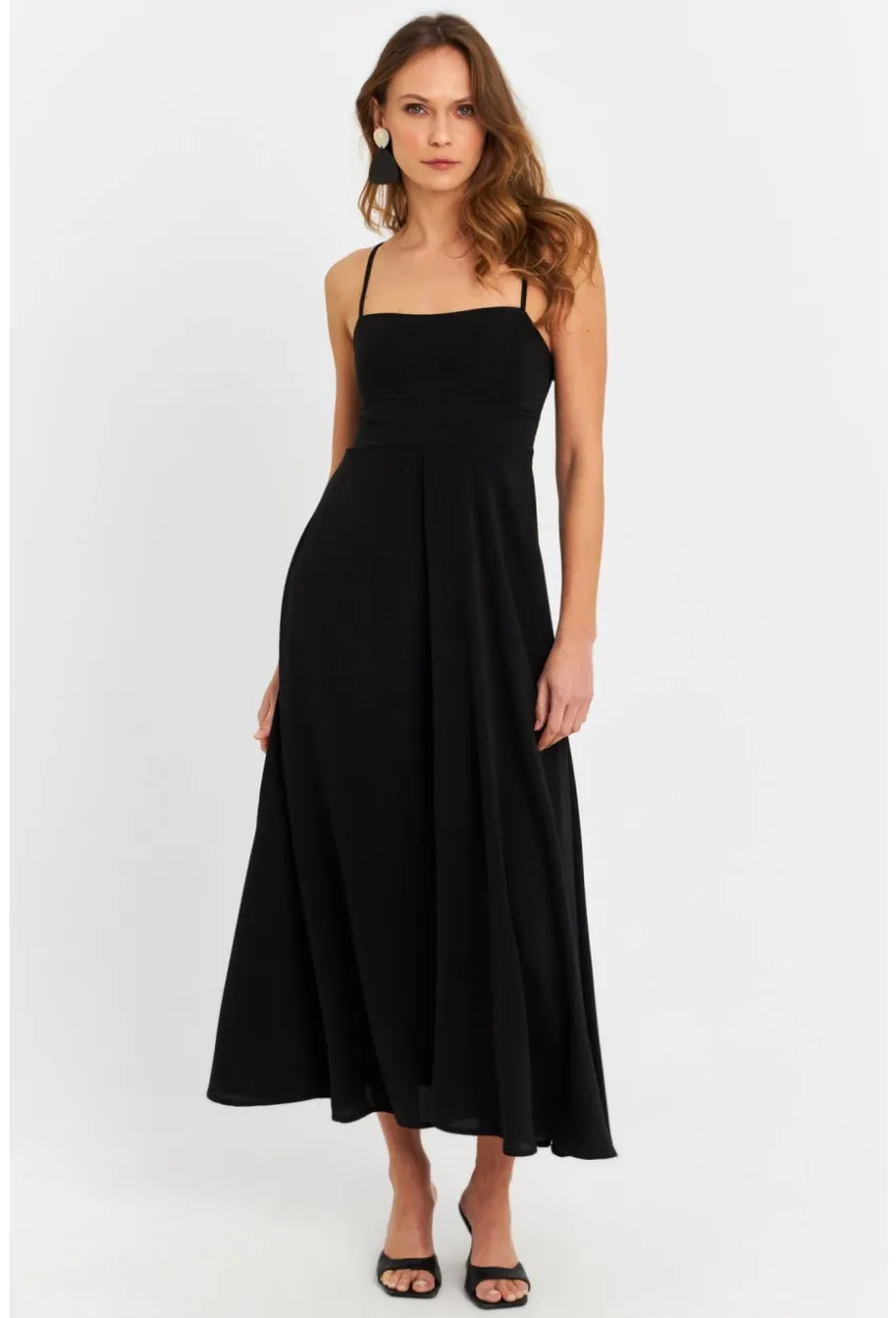 Kadın Siyah Sırtı Gipeli Astarlı Midi Elbise ERL10047