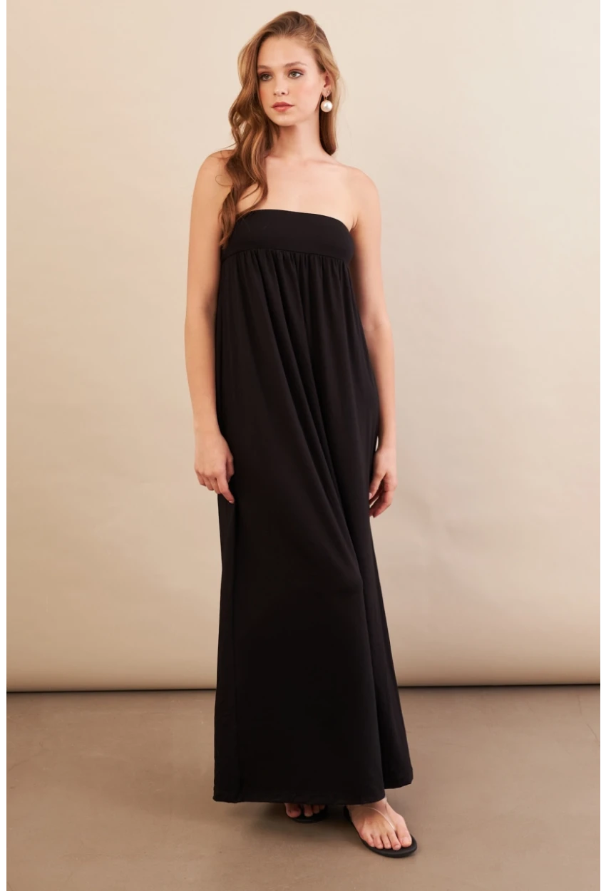 Kadın Siyah Straplez Midi Elbise EY3111