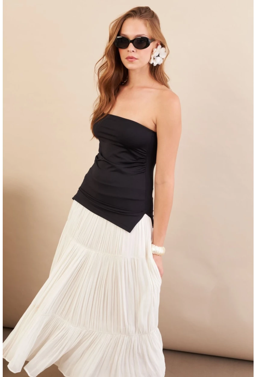 Kadın Siyah Straplez Yanı Yırtmaçlı Bluz MX2006