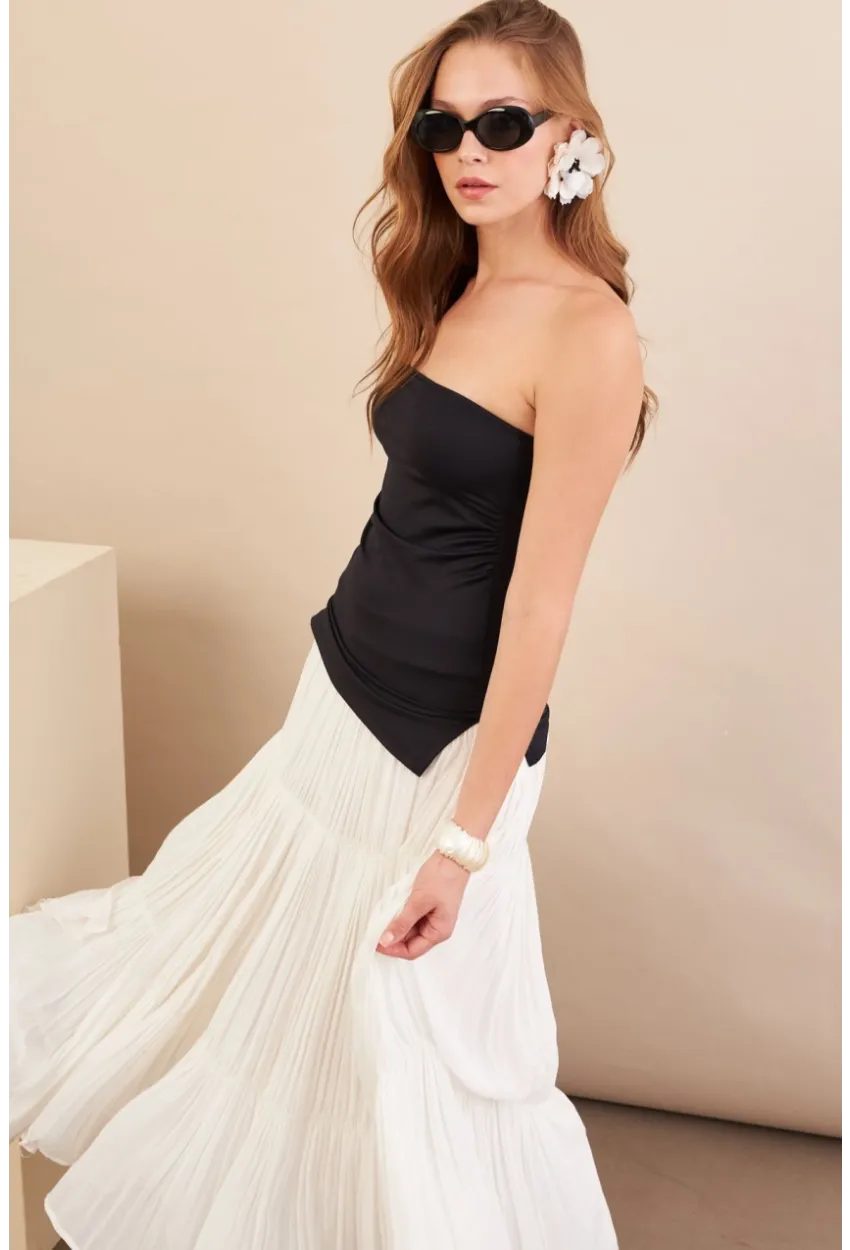 Kadın Siyah Straplez Yanı Yırtmaçlı Bluz MX2006