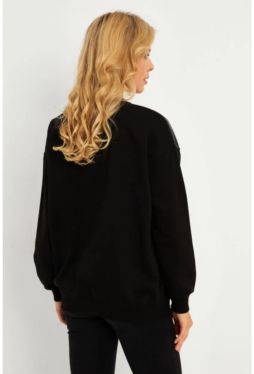 Kadın Siyah Suni Deri Bloklu Sweatshirt PKA808