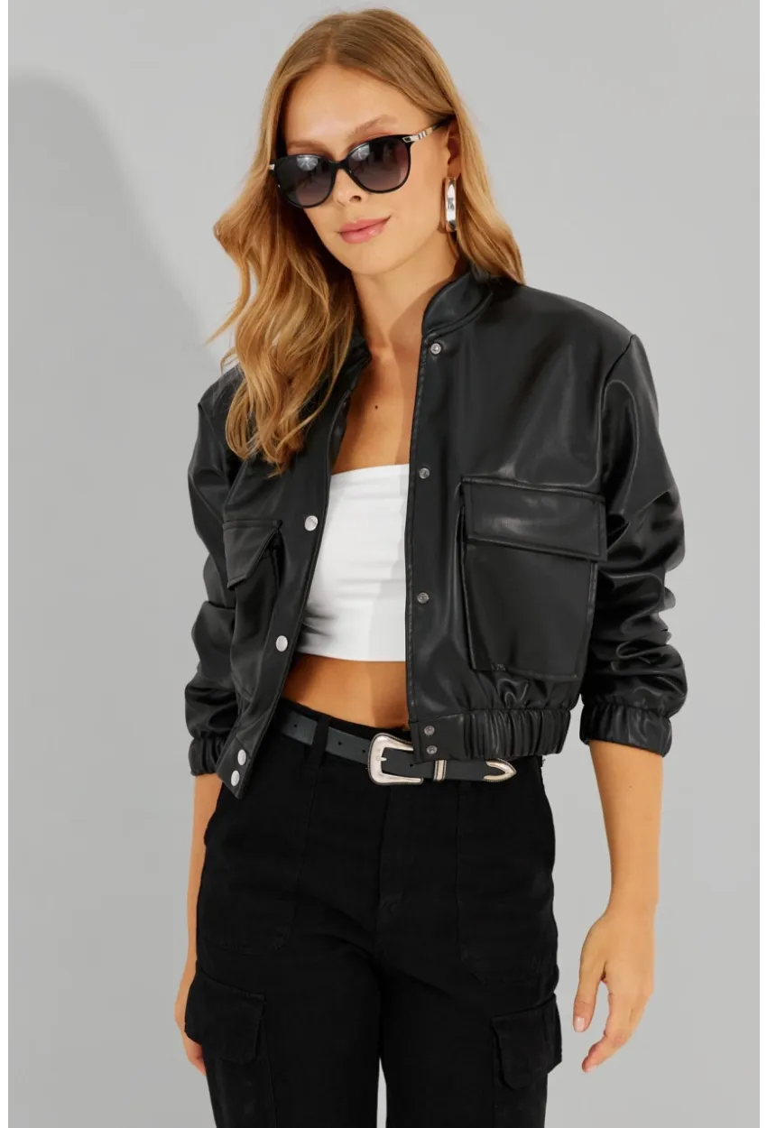 Kadın Siyah Suni Deri Kısa Bomber Ceket LST57