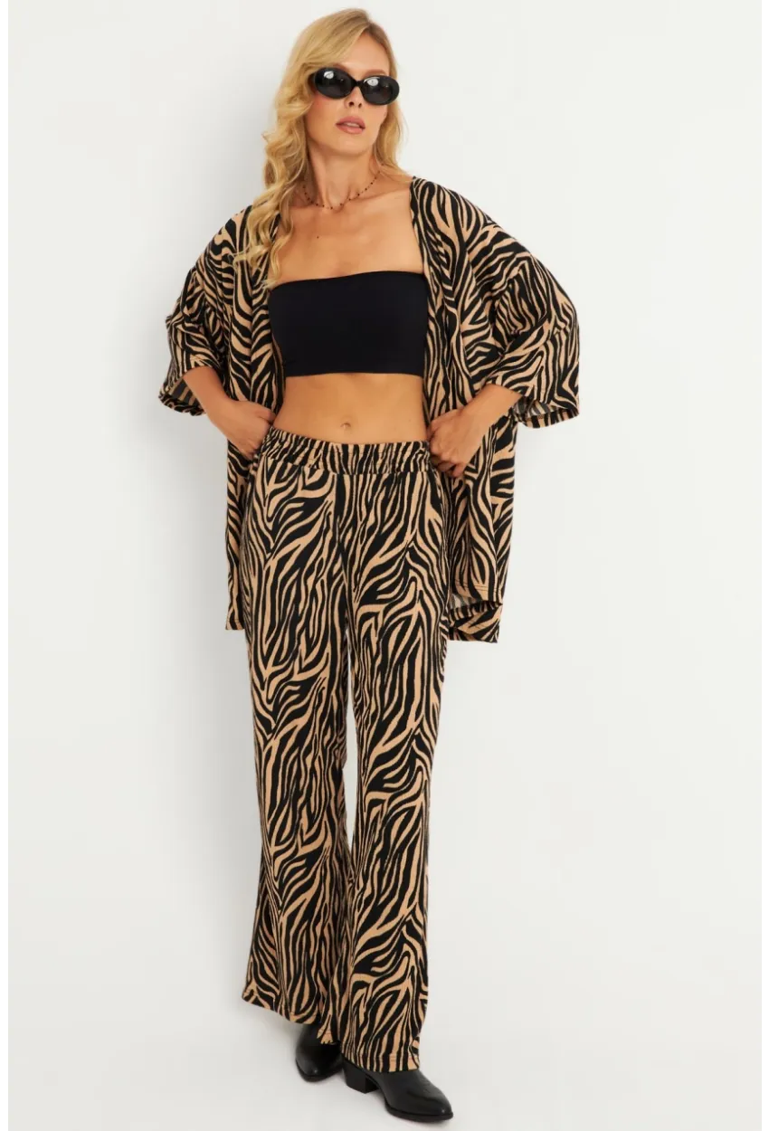 Kadın Siyah -Tarçın Desenli Bürümcük Alt Üst  Takım LON3004