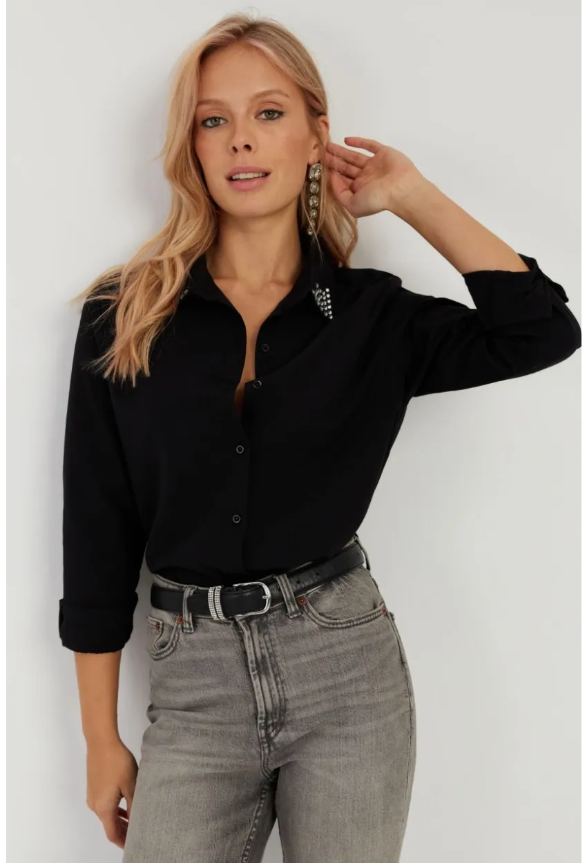 Kadın Siyah Taş Detaylı Gömlek ZER402