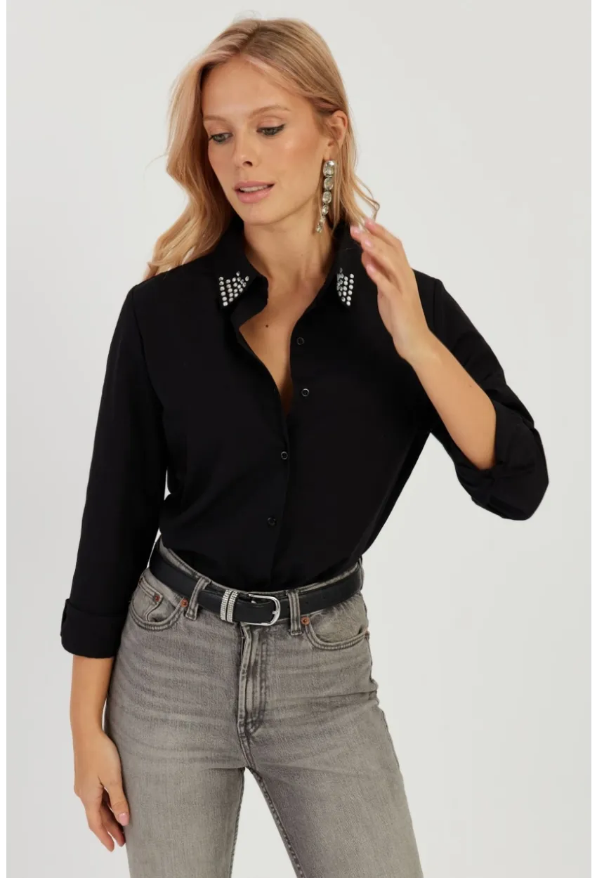 Kadın Siyah Taş Detaylı Gömlek ZER402