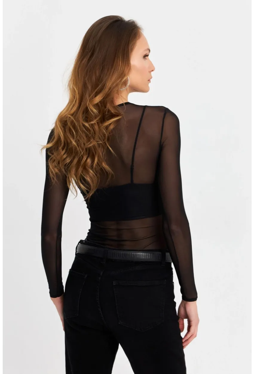 Kadın Siyah Taşlı Tül Body KED2116