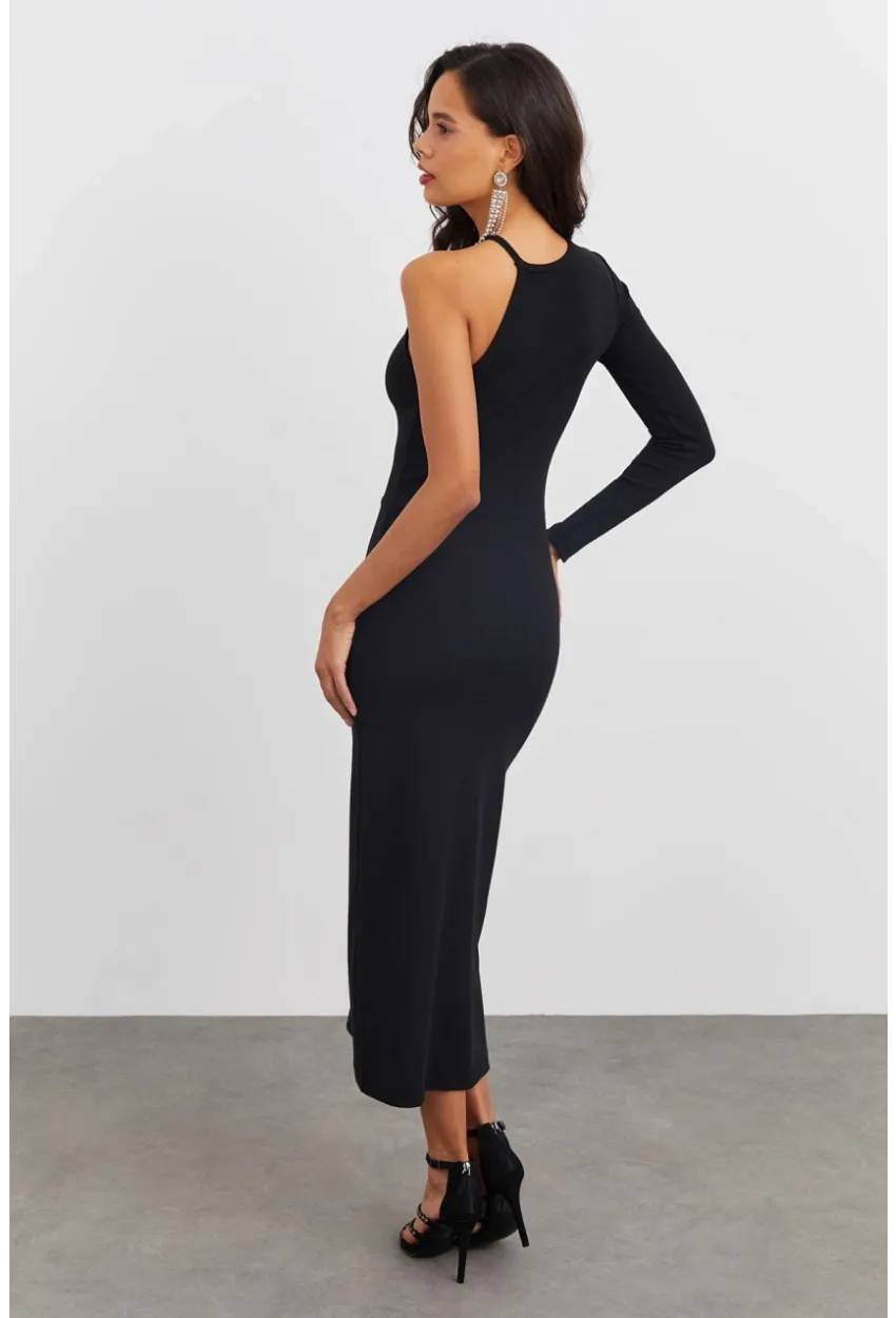 Kadın Siyah Tek Kol Kaşkorse Elbise EY1521