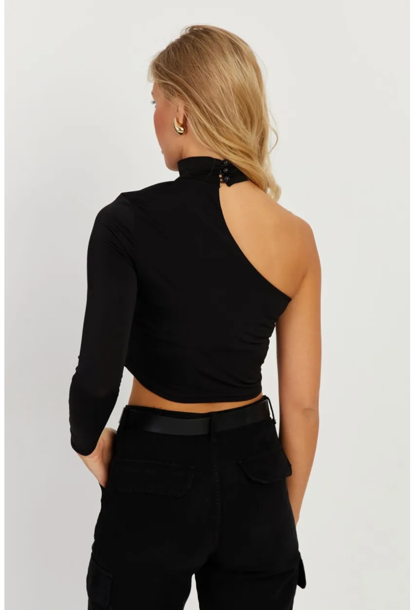 Kadın Siyah Tek Omuz Açık Bluz CY334