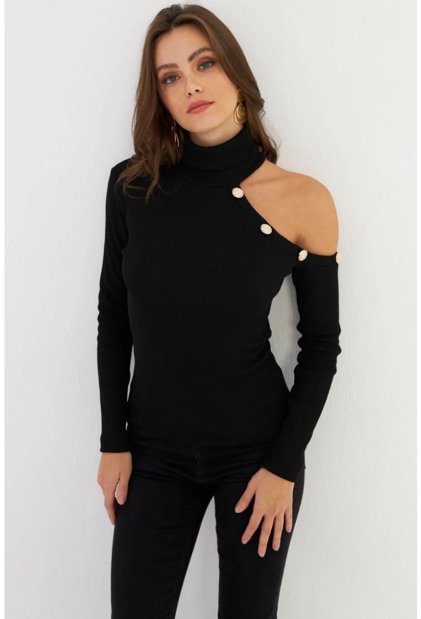 Kadın Siyah Tek Omuz Açık Kaşkorse Balıkçı Bluz EY2947